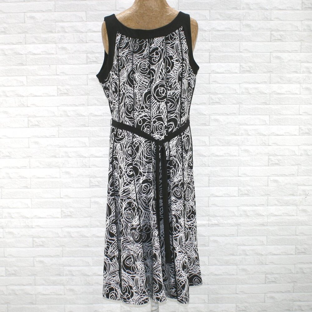 PERCEPTIONS Sundress Sleveless Abstract Swirl Stretch Midi Black White XL Petite